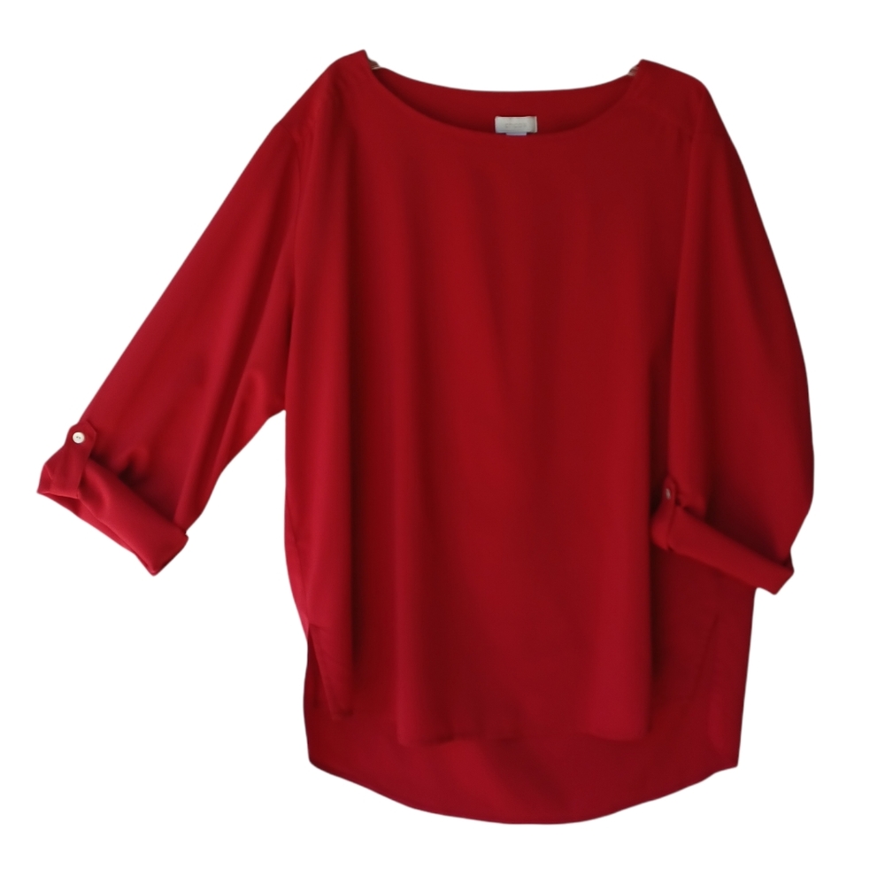 CHICO'S Red Pullover Boat Neck 3/4 Roll Cuff Sleeve Top Size: 1